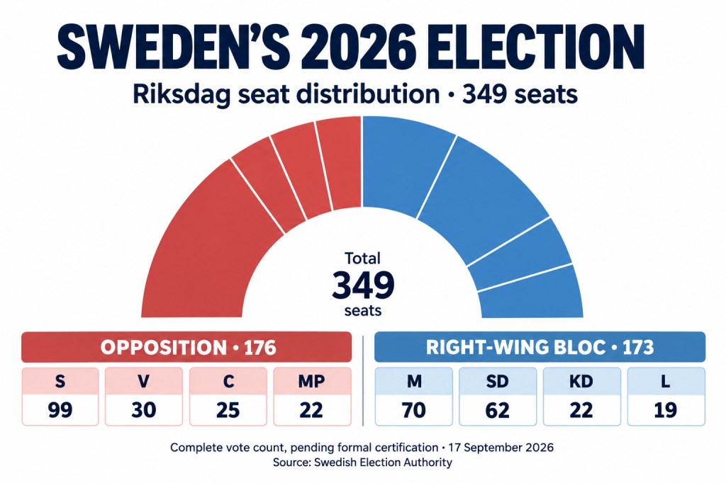Sweden’s 2026 election: opposition 176 seats, right-wing bloc 173 seats