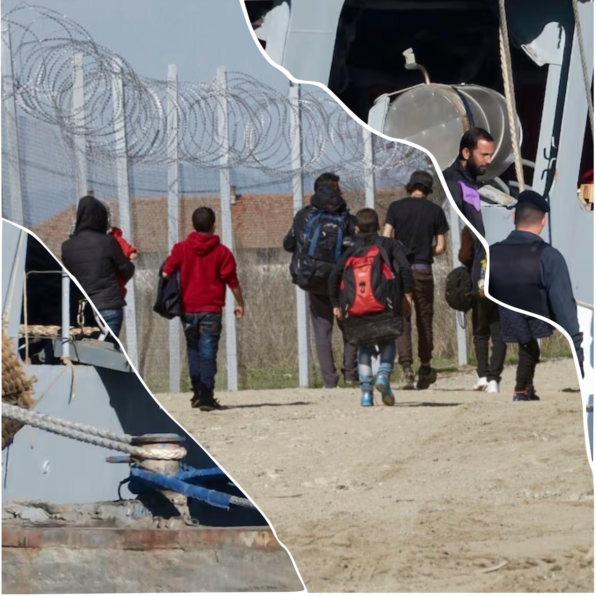 Photographic collage of migrants, a border fence and people at sea.