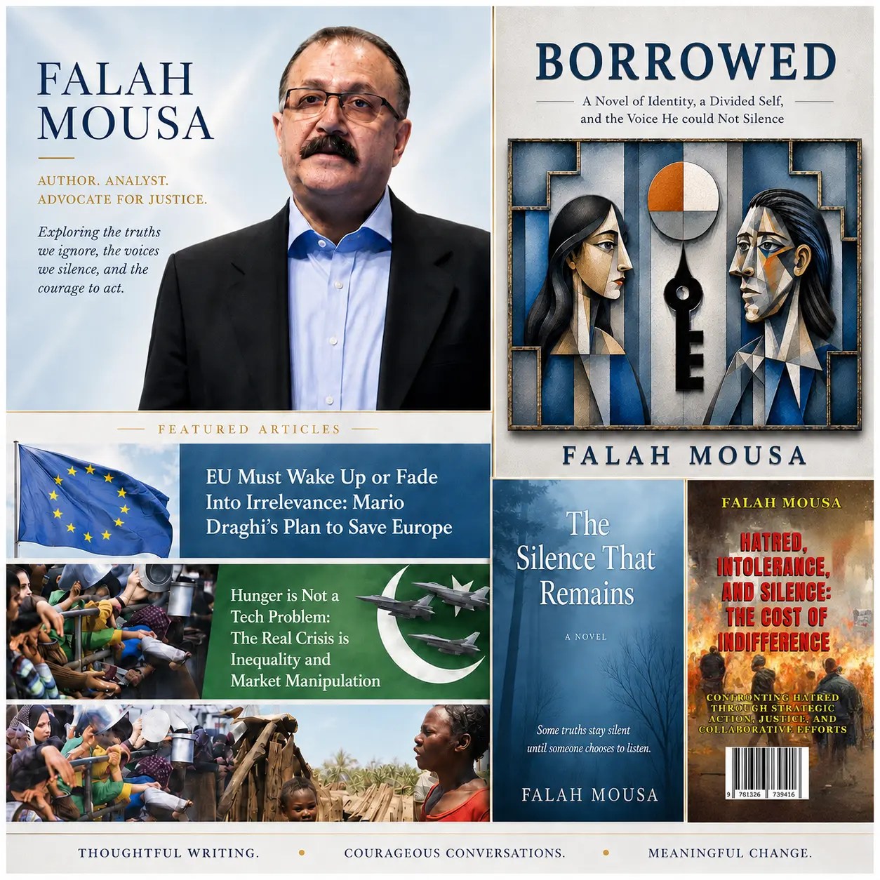 Collage presenting Falah Mousa, his books Borrowed, The Silence That Remains and Hatred, Intolerance, and Silence, with selected articles.